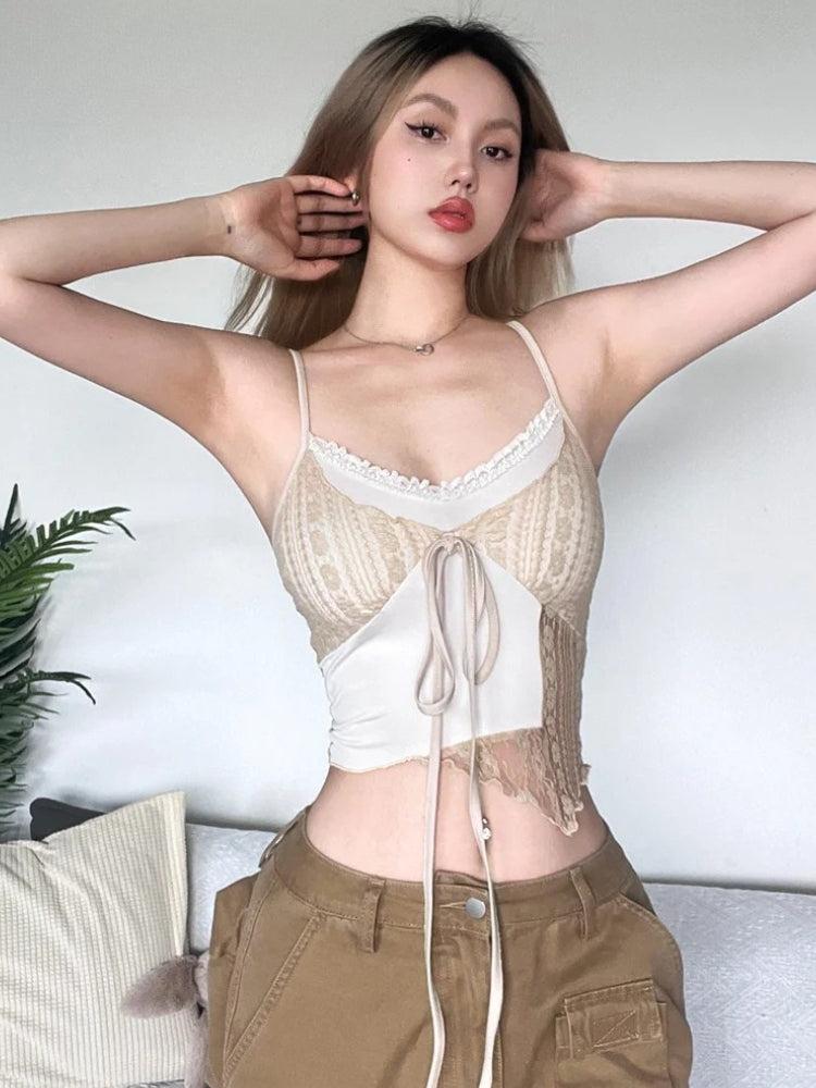 Litlookz Studio Y2K Lace Asymmetric Patchwork Top