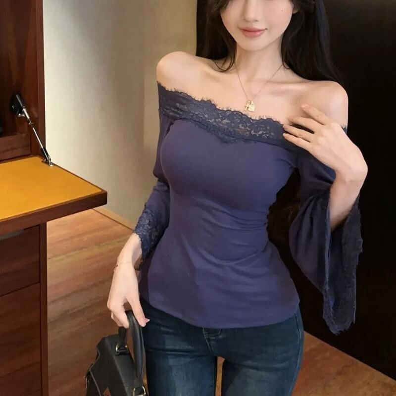 Litlookz Studio Y2K Lace Trim Off Shoulder Top