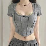 Litlookz Studio Y2K Lace Trim Ribbed Crop Top, view 2