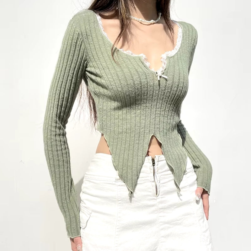 Litlookz Studio Y2K Lace Trim Slit Plush Top