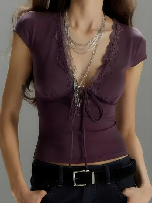 Litlookz Studio Y2K Lace Trim Tie Front Top