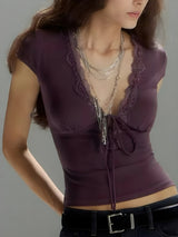 Litlookz Studio Y2K Lace Trim Tie Front Top, view 2