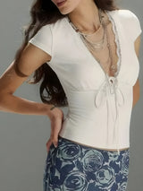 Litlookz Studio Y2K Lace Trim Tie Front Top, view 4