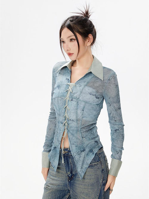 Litlookz Studio Y2K Lace Up Sheer Shirt