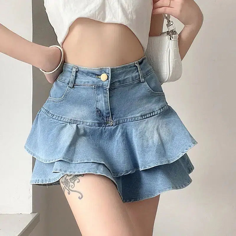 Litlookz Studio Y2K Layered Ruffled Denim Mini Skirt