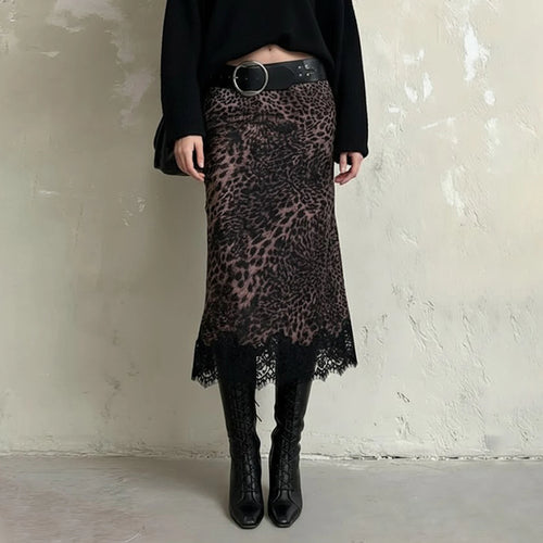 Litlookz Studio Y2K Leopard Lace Hem Midi Skirt