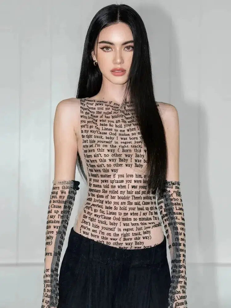 Litlookz Studio Y2K Letter Printed Top with Gloves