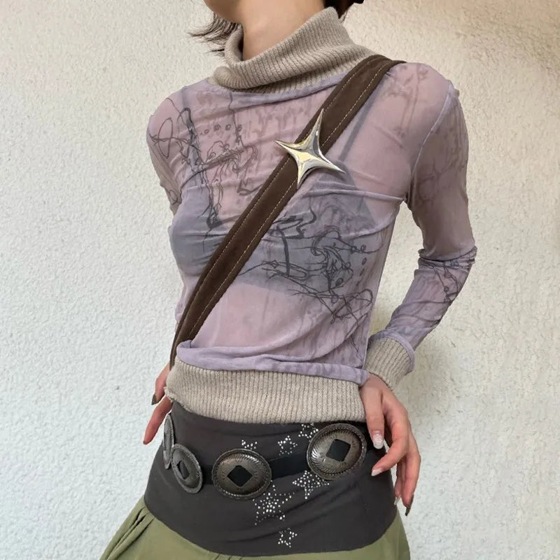 Litlookz Studio Y2K Mesh Turtleneck Top