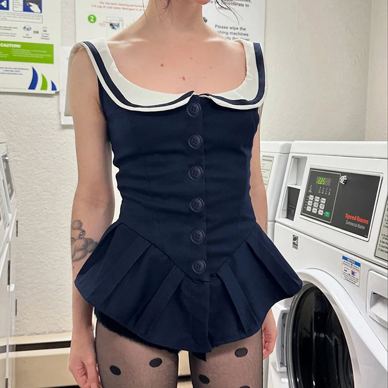 Litlookz Studio Y2K Nautical Button Mini Dress