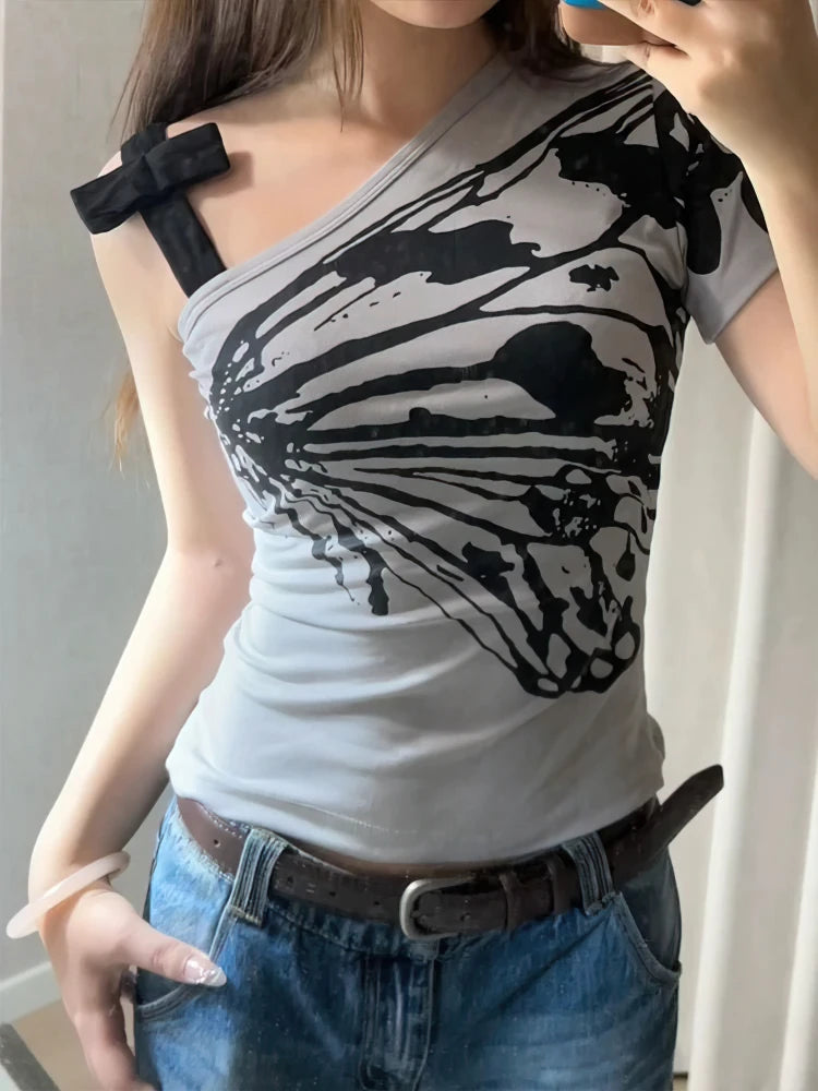 Litlookz Studio Y2K One Shoulder Butterfly Top