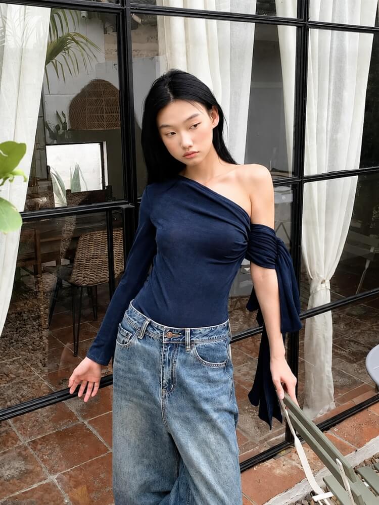 Litlookz Studio Y2K One Sleeve Draped Blouse