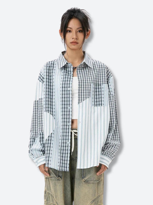 Litlookz Studio Y2K Patchwork Striped & Plaid Shirt