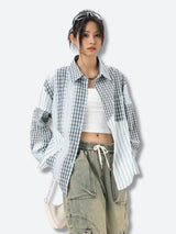 Litlookz Studio Y2K Patchwork Striped & Plaid Shirt, view 3