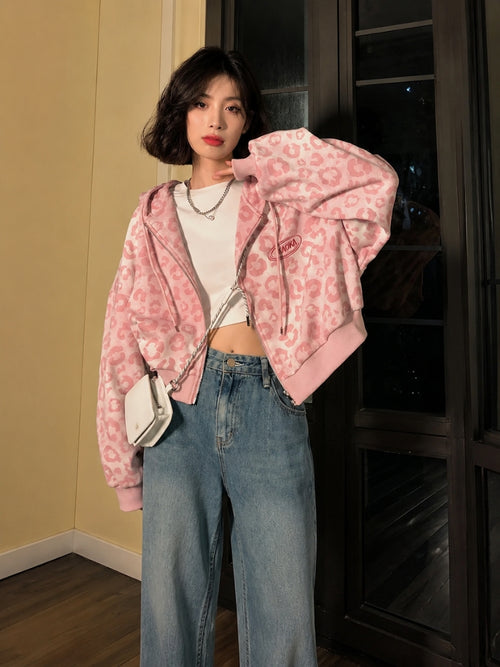 Litlookz Studio Y2K Pink Leopard Zip Hoodie
