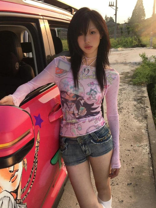 Litlookz Studio Y2K Pink Mesh Top