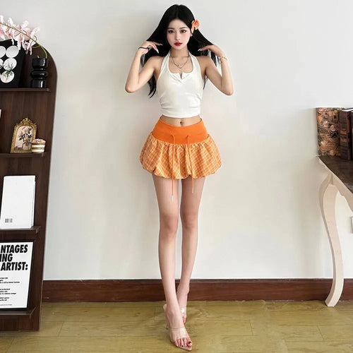 Litlookz Studio Y2K Plaid Drawstring Bubble Mini Skirt