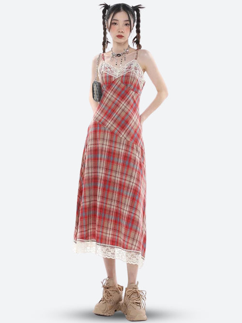 Litlookz Studio Y2K Plaid Lace Midi Dress