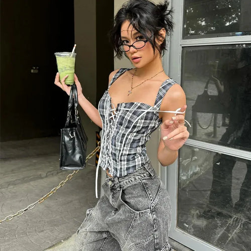 Litlookz Studio Y2K Plaid Lace Up Top