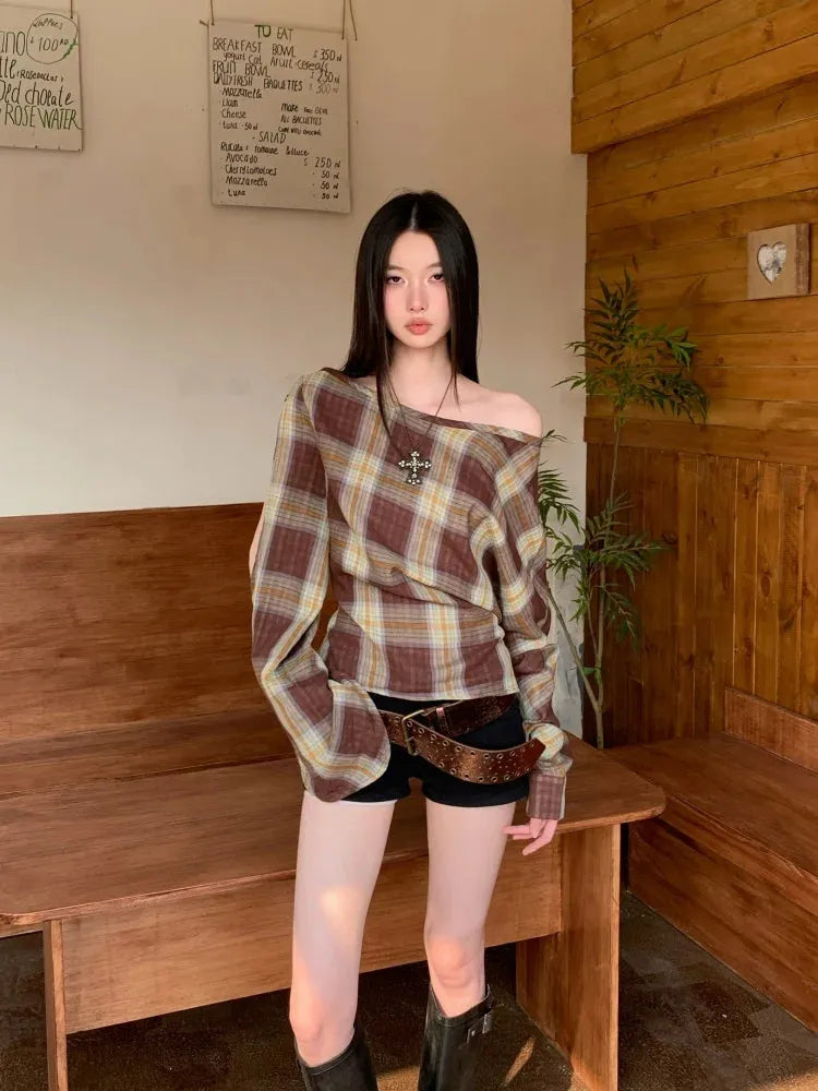 Litlookz Studio Y2K Plaid One Shoulder Top