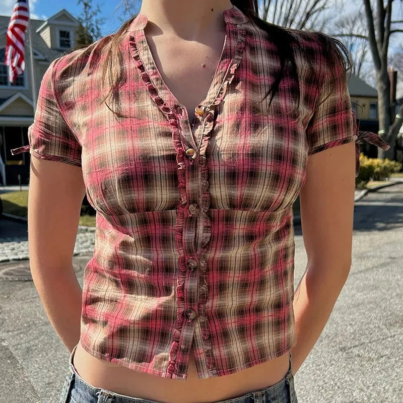 Litlookz Studio Y2K Plaid Ruffled Shirt