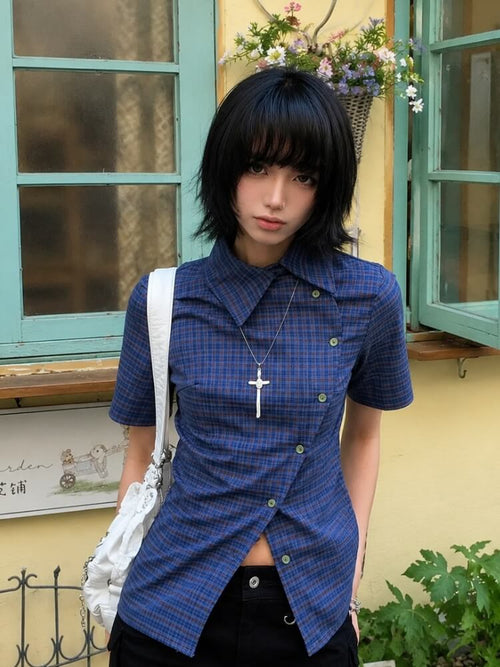 Litlookz Studio Y2K Plaid Short Sleeve Shirt