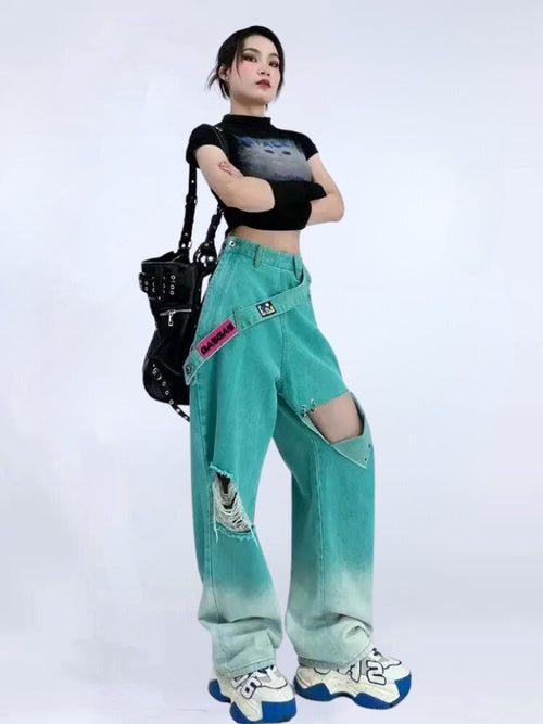 Litlookz Studio Y2K Ripped Denim Strap Jeans