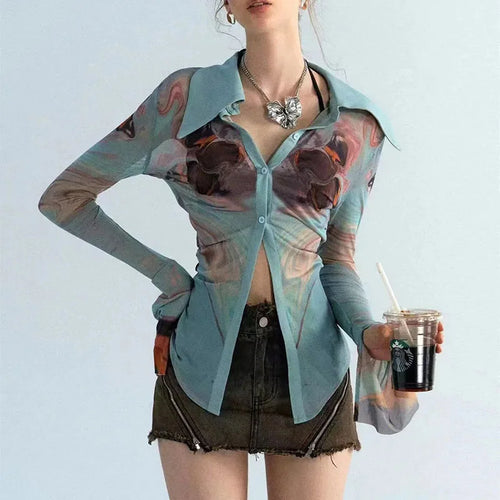 Litlookz Studio Y2K Sheer Button Up Mesh Shirt