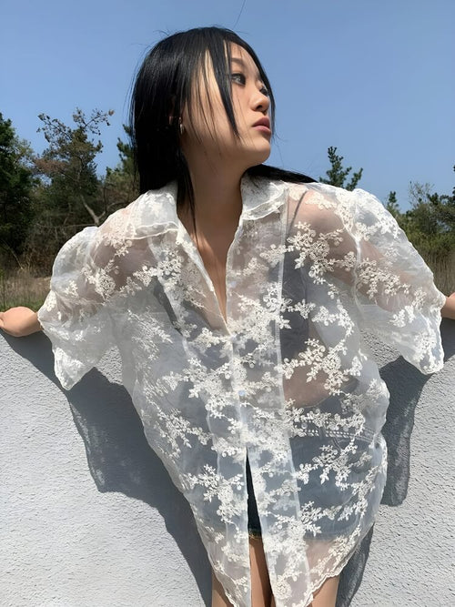 Litlookz Studio Y2K Sheer Floral Lace Shirt