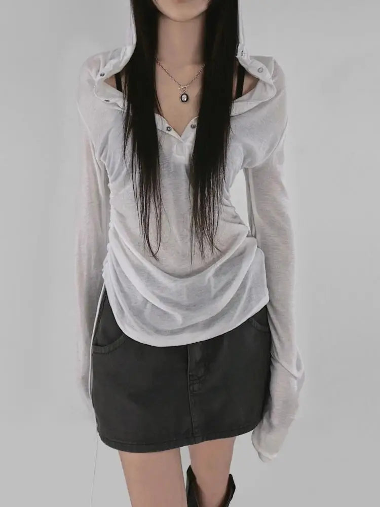 Litlookz Studio Y2K Sheer Ruched Hoodie Top