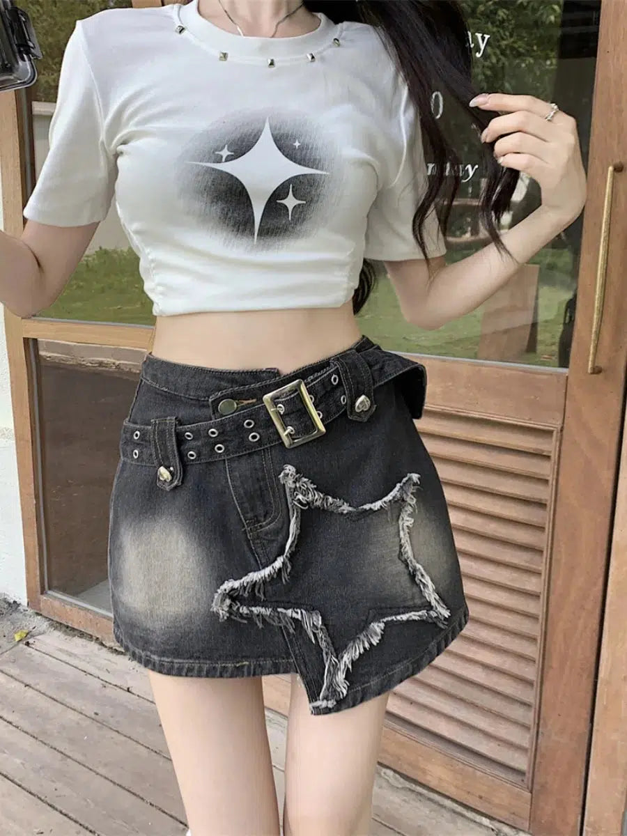 Litlookz Studio Y2K Star Asymmetric Denim Mini Skirt