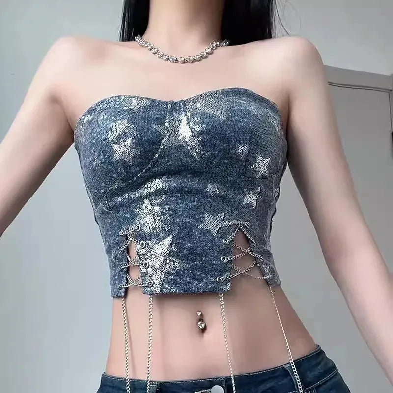 Litlookz Studio Y2K Star Sequined Crop Top