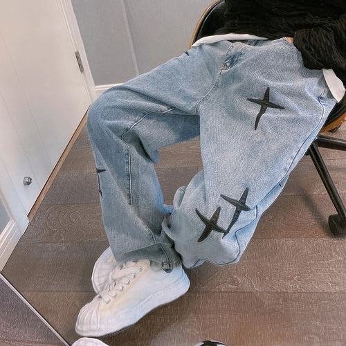 Litlookz Studio Y2K Straight Leg Cross Print Jeans