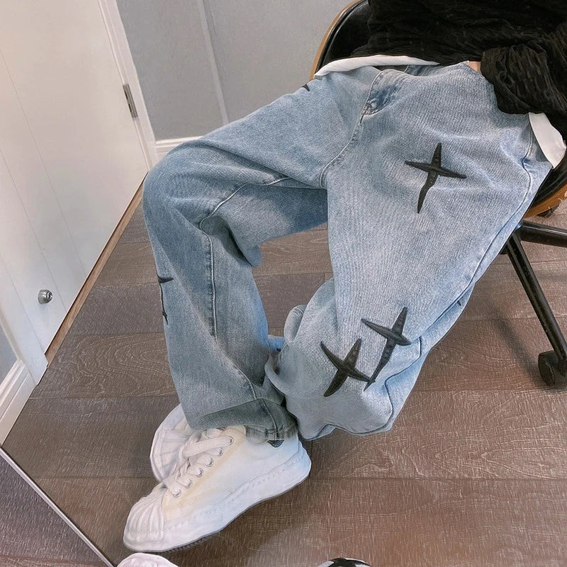 Litlookz Studio Y2K Straight Leg Cross Print Jeans