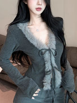 Litlookz Studio Y2K Striped Faux Fur Cardigan, view 3