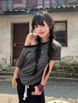 Litlookz Studio Y2K Striped One Shoulder Tee, view 2