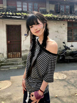 Litlookz Studio Y2K Striped One Shoulder Tee, view 3