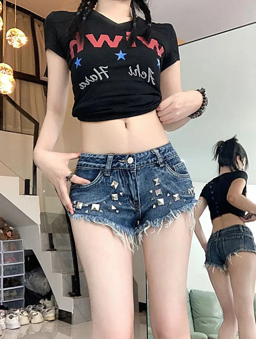 Litlookz Studio Y2K Studded Denim Micro Shorts