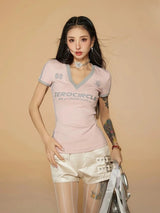 Litlookz Studio Y2K V Neck Jersey Top, view 3