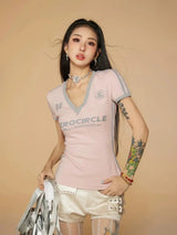 Litlookz Studio Y2K V Neck Jersey Top, view 4