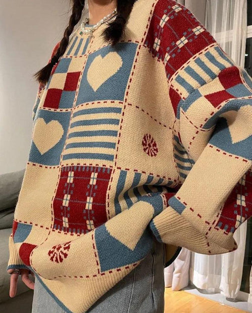 Litlookz Studio Y2K Vintage Heart Pattern Sweater