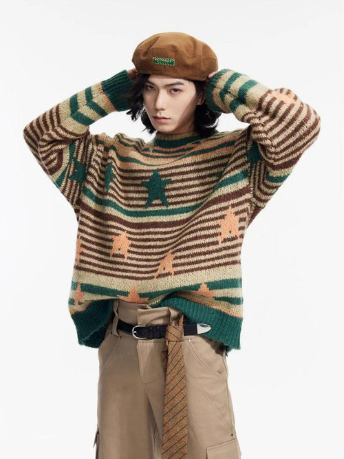 Litlookz Studio Y2K Vintage Stars Striped Knitted Sweater