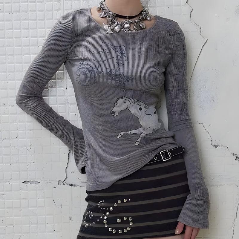 Litlookz Studio Y2K White Horse Ribbed Top