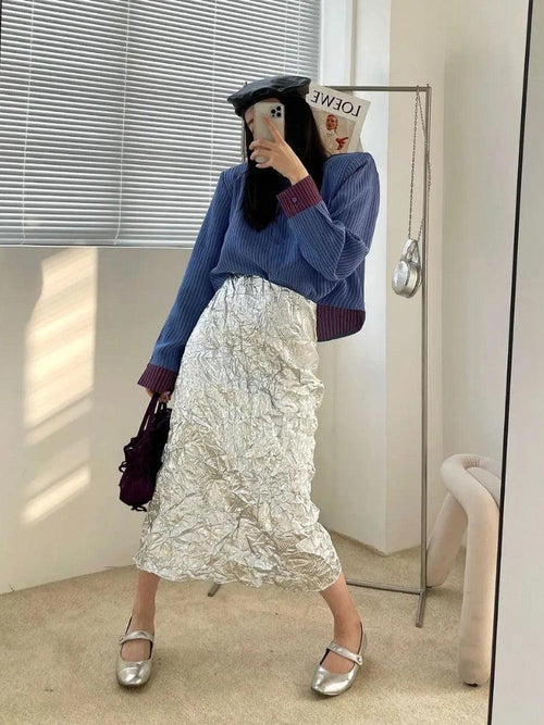 Litlookz Studio Y2K Wrinkled Silver Midi Skirt