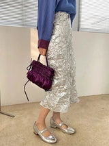 Litlookz Studio Y2K Wrinkled Silver Midi Skirt, view 2