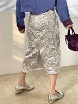 Litlookz Studio Y2K Wrinkled Silver Midi Skirt, view 3