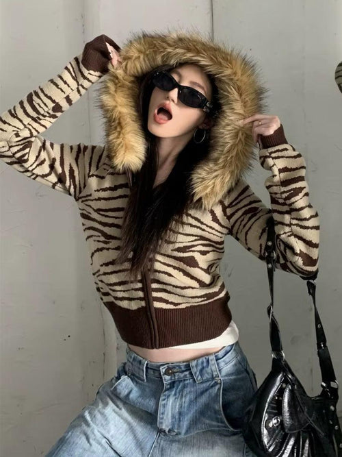 Litlookz Studio Y2K Zebra Hooded Cardigan