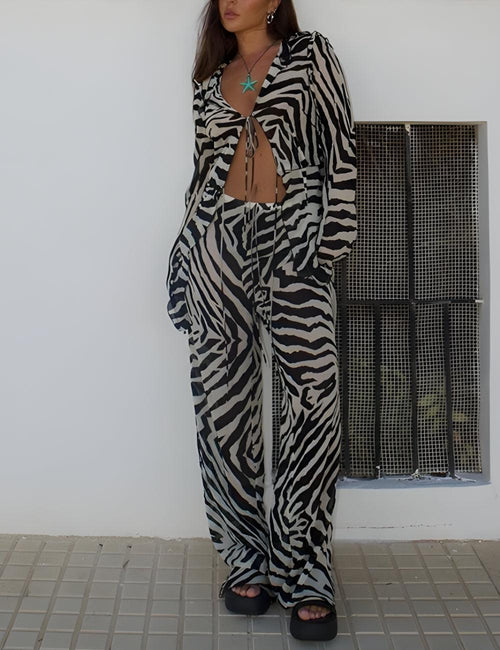 Litlookz Studio Zebra Tie Up Blouse & Pants Two Piece Set