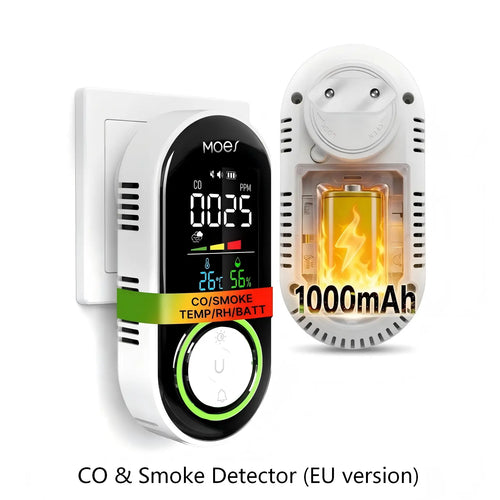 Moes 2nd Gen 4-in-1 EU Plug Smoke & CO Alarm with Rechargeable Battery, Color LCD Temperature & Humidity Monitor (Non-Smart)