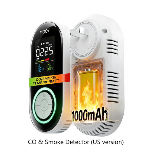 Moes 2nd Gen 4-in-1 Plug-in Smoke & Carbon Monoxide Detector with Battery Backup, Temp Humidity LCD Display US Plug(Non-Smart)