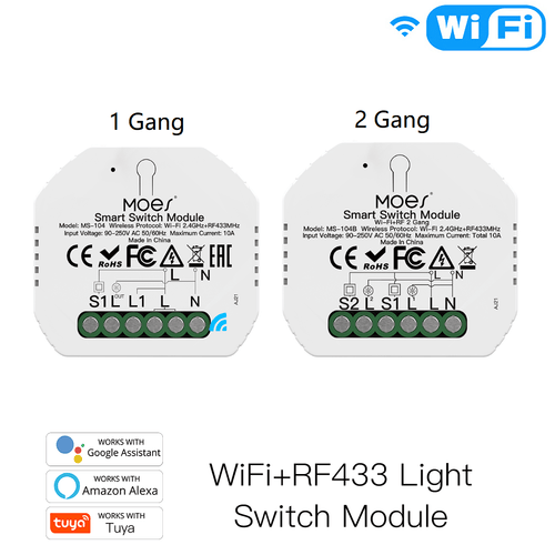 Moes Mini DIY WiFi Relay Module, RF433 Smart Light Switch Module, 1/2 Gang Reset